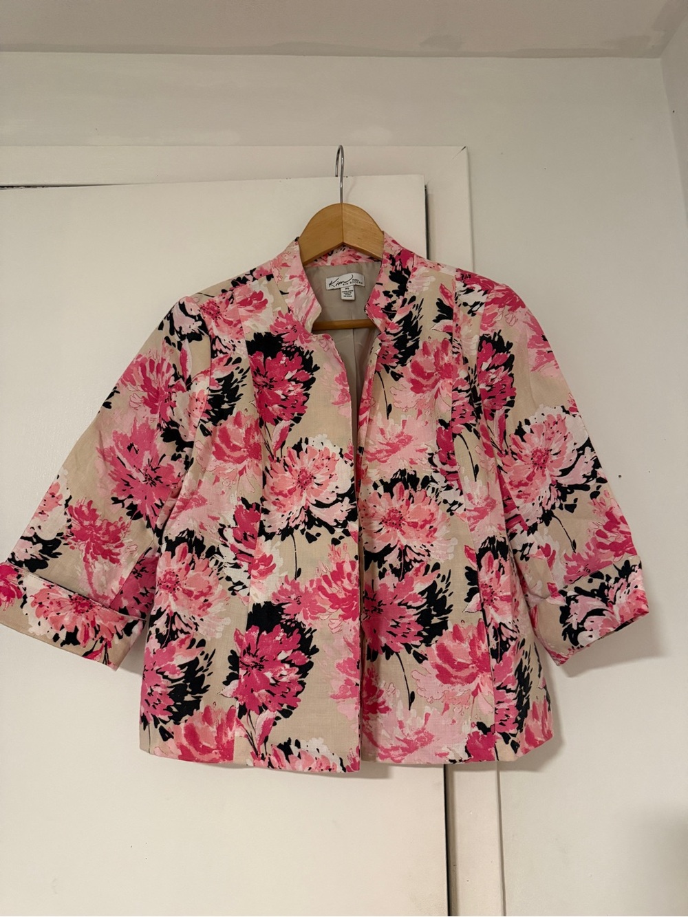 Kim Rogers linen Pink Floral Open-Front Blazer